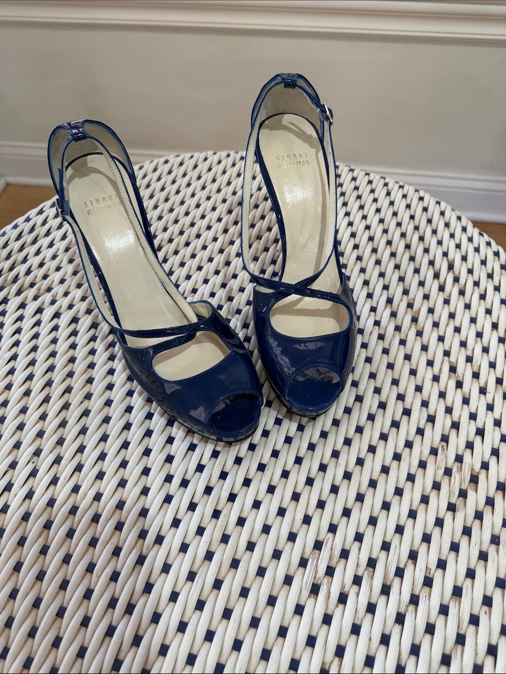 Stuart Weitzman Navy Patent Peep-Toe Slingback Pumps